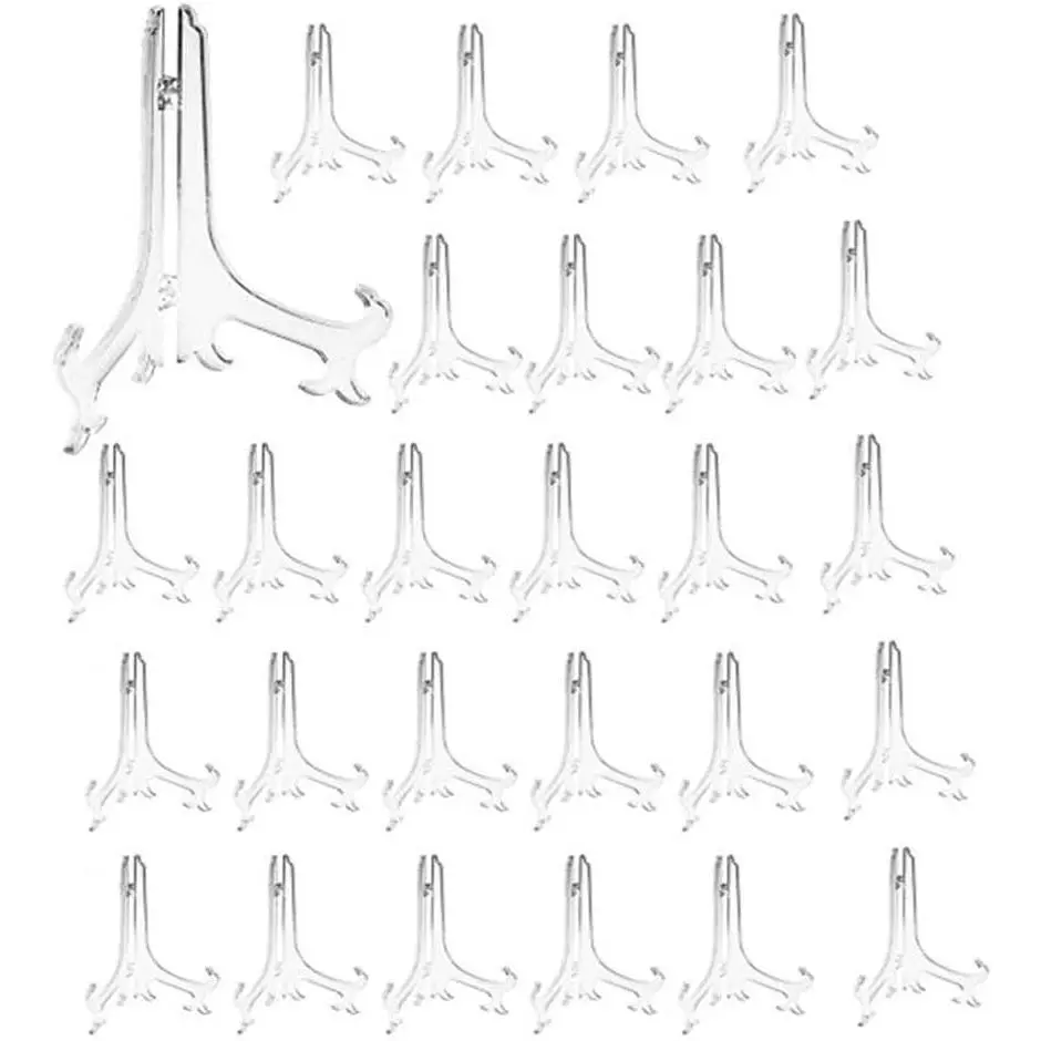 5" Clear Plastic Easels or Stand/Plate Holders to Display Pictures or Other Items at Weddings, Home Decoration, Birthdays, Tables (24 Pack)