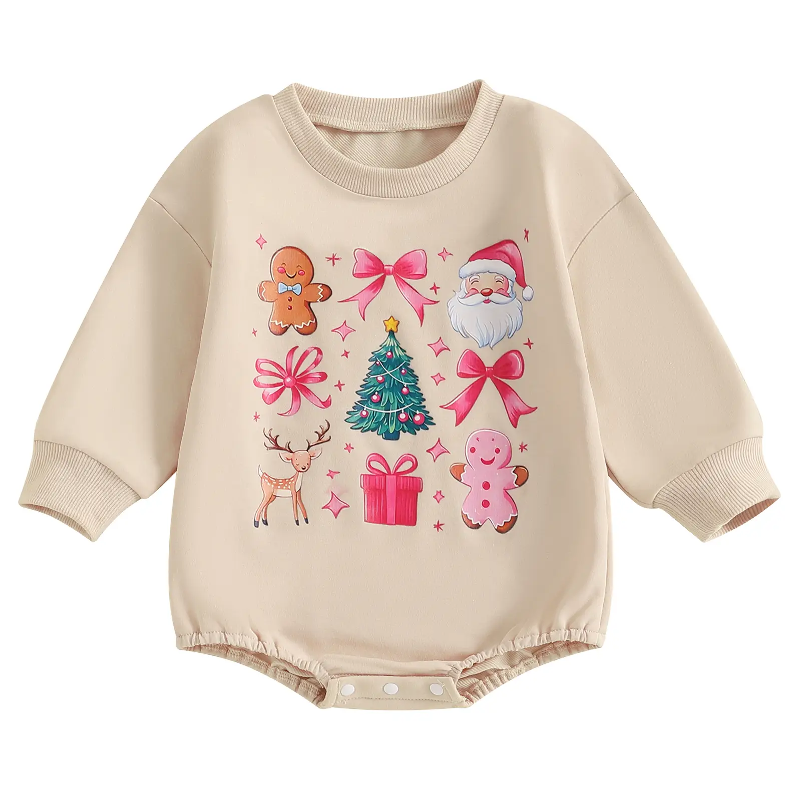 Baby Girls Christmas Sweatshirt Romper Cute Christmas Theme Print Long Sleeve Jumpsuits for Newborn Infant Toddler Christmas Clothes Outfit