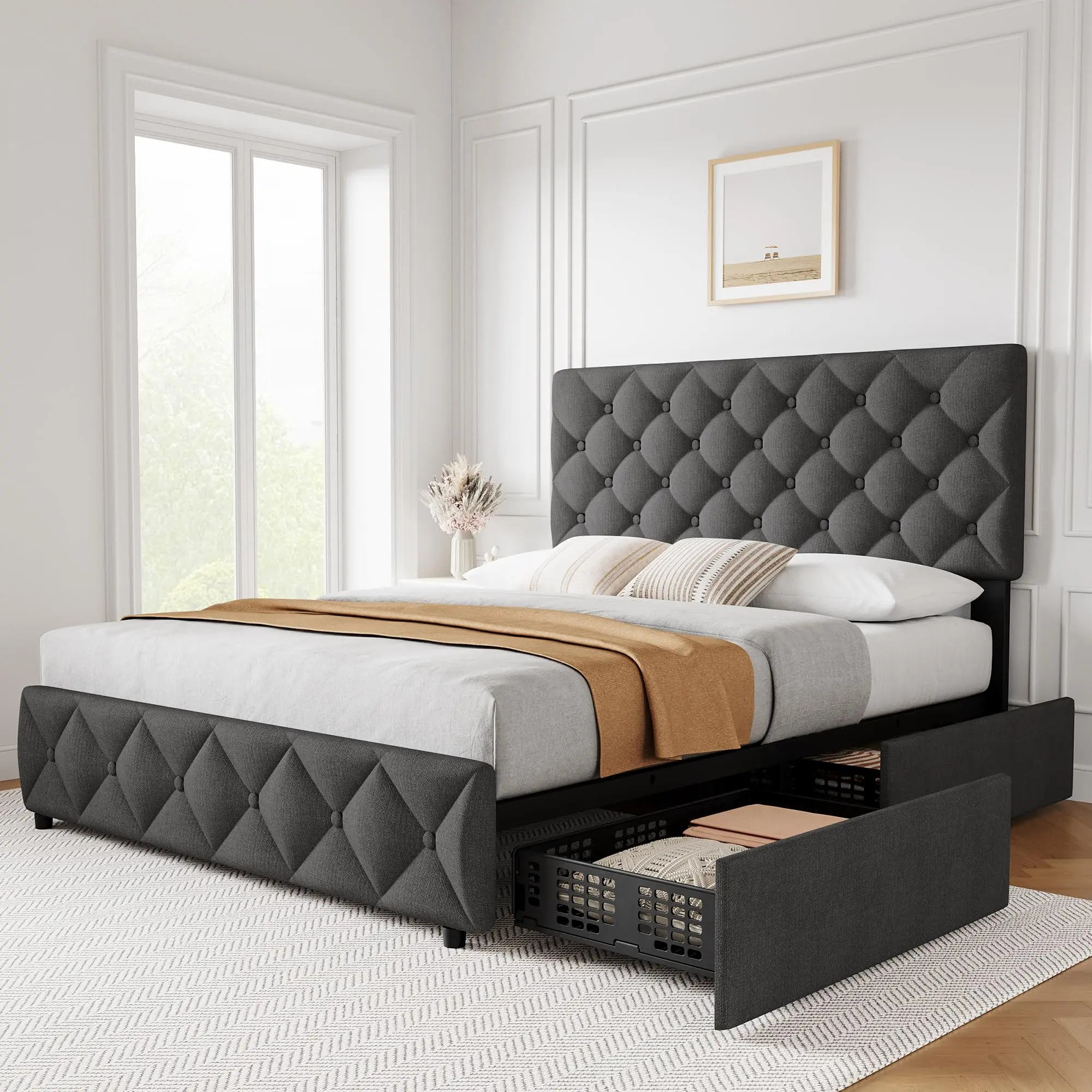 Dark Grey Queen Size Linen Upholstered Bedroom Bed Frame with Adjustable Diamond Tufted Headboard, 4-Drawer Storage, Sturdy Wooden Slats Support, Silent Design, No Box Spring Needed, Unique Charm Furniture for Bedroom