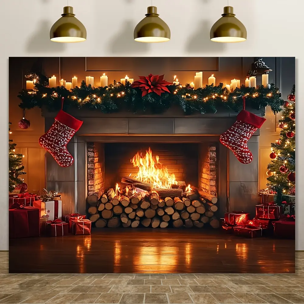 Large Christmas Fireplace Ornament Background Cloth Banner - 1-Piece 70.8x90.5in Polyester, All Seasons Indoor/Outdoors Home Decoration, Birthday/Ceremony Party Photo Prop