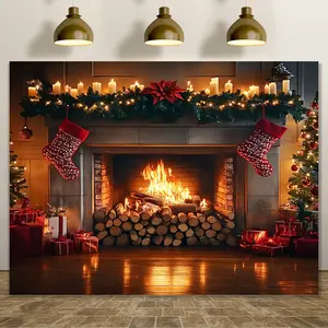 1pc Christmas Fireplace Background Cloth, 70.8x90.5in Polyester, Versatile Indoor & Outdoor Decoration for Parties, Weddings, Birthdays - All-Season Photo Prop