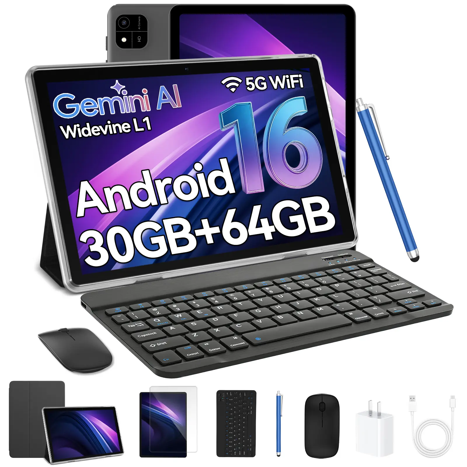 New 2026 10 Inch Android 16 Tablet with Keyboard, 30GB+64GB, 2TB Expand, Gemini AI Tablet PC with Octa-Core, 6000mAh, 5G WiFi, GPS, GMS, Widevine L1, 2 in 1 Tablets with Case, Mouse, Stylus (Black Case)