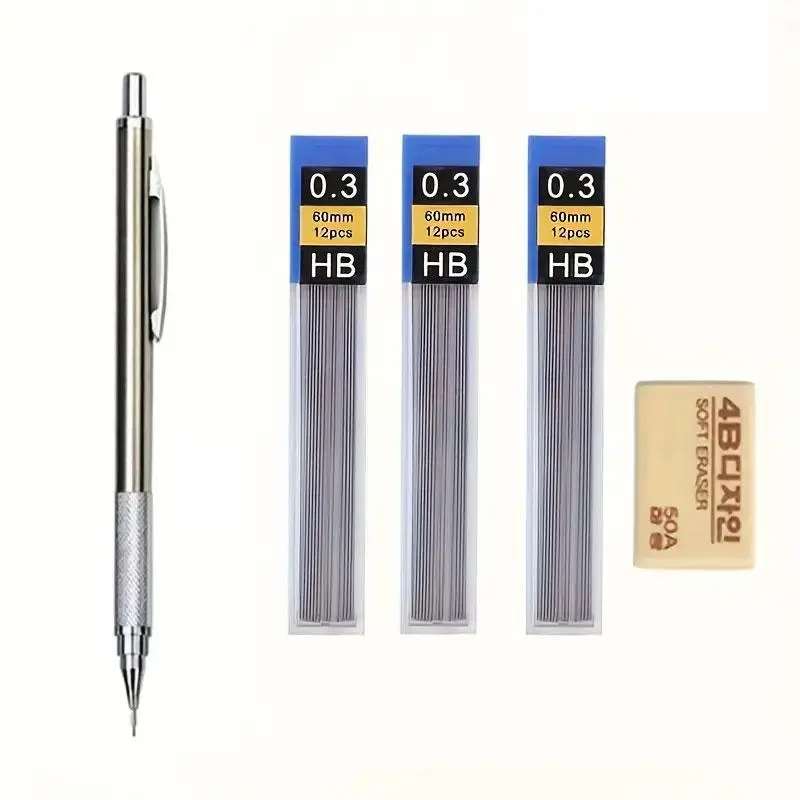 Metal Mechanical Pencil Set, 5counts/set 0.3/0.5/0.7/0.9/1.3/2.0mm Drawing Automatic Hb Pencil Set with Leads, Including 1 Pen & 3 Refills & 1pc Eraser, Writing Supplies & Writing Tools for Office School Home Drawing Pencils Set
