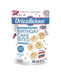 Drizzilicius Birthday Cake Mini Rice, White Chocolate Gluten Free, Vegan, Non-GMO, Plant Based Low Calorie Crunchy Snack 4 Oz Celebrate 250 Years of the USA