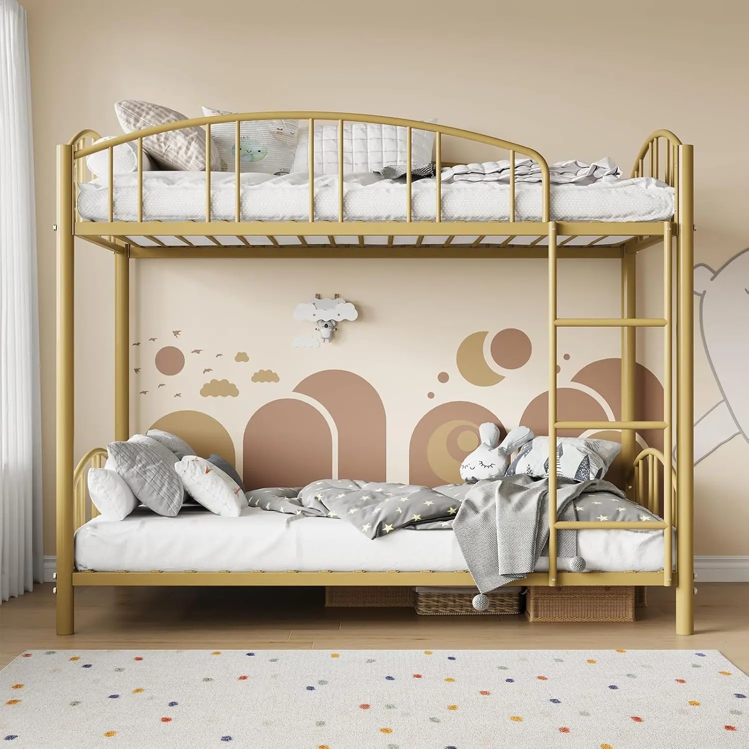 Gaomon Heavy-Duty Metal Twin Over Twin Bunk Bed for Adults, Durable and Sturdy Construction, Arched Guardrail, Safety Ladder, No Box Spring Needed, Modern Gold Space-Saving Furniture