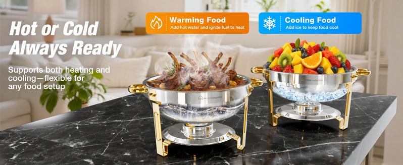 WARMOUNTS 5QT Gold Chafing Dishes for Buffet with Glass Lid/Stainless steel lid, Round Chafers and Buffet Warmers Set with Mirror-Polished Stainless Steel, Rolled Rim, Stackable, Lid Holder for Parties, Weddings（2/4/6 Pack）