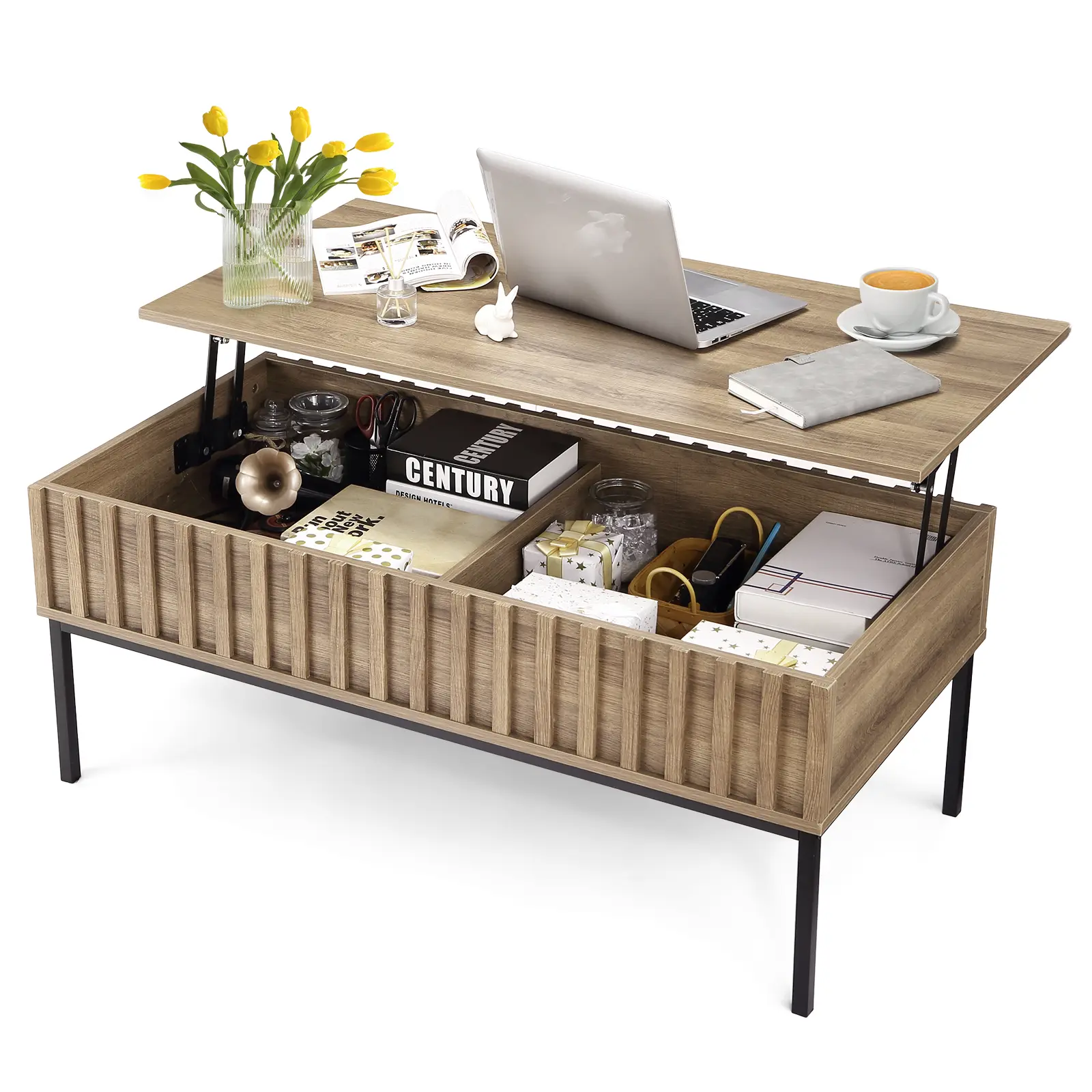 Coffee Tables for Living Room Teak & Black Height Adjustable Lift Top Coffee Table, Farmhouse Wooden Coffee Table with Hidden Storage Compartment, Rustic Center Table, Coffee Tables for Living Room Office,43x24x22 Inches