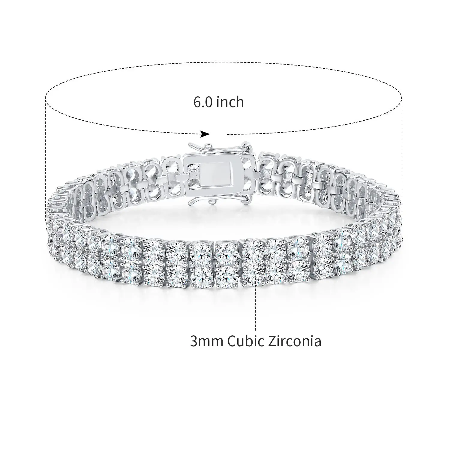 GEMESME Unisex Double Rows Rhinestone Bangle - AAAAA+ 6MM Round Cut Cubic Zirconia Hip Hop High Quality Fashionable Layered Bracelet Set, Silver Hypoallergenic Jewelry Gift for Anniversary