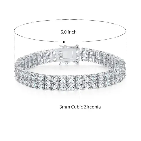 GEMESME Unisex Bejeweled Double Rows Rhinestone Bangle - AAAAA+ 6MM Round Cut Cubic Zirconia Hip Hop Layered Set, Silver Metallic Hypoallergenic Fashionable High-Quality Men's Jewelry Stacking Gift for Anniversary, Fashionable Bracelet