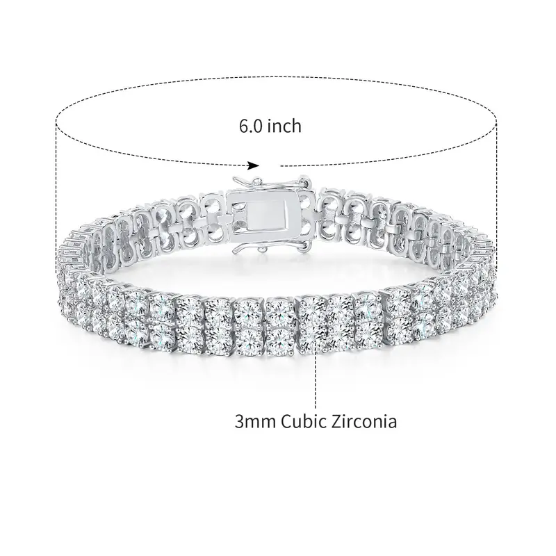 GEMESME Unisex Bejeweled Double Rows Rhinestone Bangle - AAAAA+ 6MM Round Cut Cubic Zirconia Hip Hop Layered Set, Silver Metallic Hypoallergenic Fashionable High-Quality Men's Jewelry Stacking Gift for Anniversary, Fashionable Bracelet
