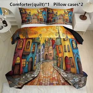 3-Piece Fairy Tale Town Quilt Set (1 Quilt + 2 Pillowcases), Soft Lightweight Breathable, All-Season Bedding, Home or Dorm Use