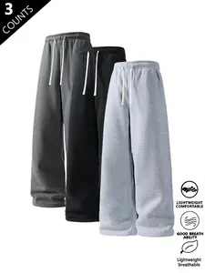 3-pack men’s straight-leg loose wide-leg pants; stylish street-style versatile casual drawstring joggers with a relaxed straight fit; knit versatile sweatpants suitable for spring, summer, and autumn.