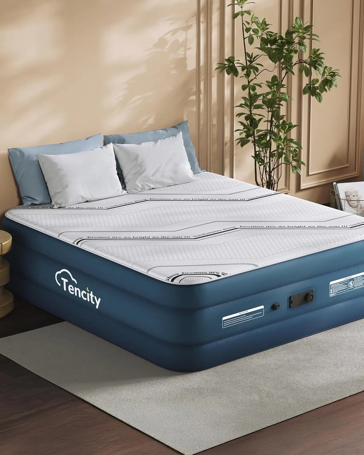 Tencity Queen Air Mattress with Built-in Pump, 20” Luxury Blow Up Mattress with 3cm Quilted Foam Topper, Extra Firm Support, Quiet Inflatable Bed for Guests, Home & Temporary Sleep, 660 lbs