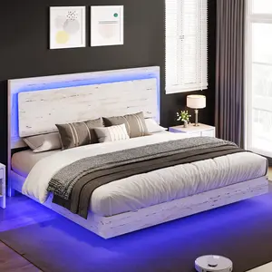 VanAcc Farmhouse Floating Bed Frame with Recline Headboard, Platform Bed with LED Light, No Box Spring Needed/Noise Free
