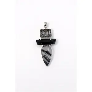 Black Rutilated Quartz, Black Tourmaline & Zebra Jasper Pendant