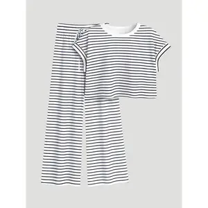 Women's Black White Striped Cross Back Crop Top and Wide Leg Pants Set Soft Loungewear Casual Home Daily Cutout Brunch 2026