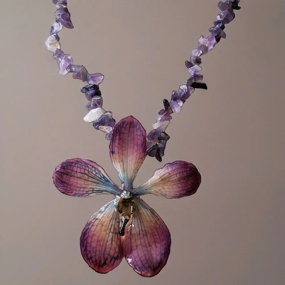 Real Mokara Orchid Necklace - Customizable Statement Jewelry with 2.5 Inch Preserved Flower in Clear Resin - Handmade with Ribbon Suede Leather Amethyst or Turquoise Natural Stones