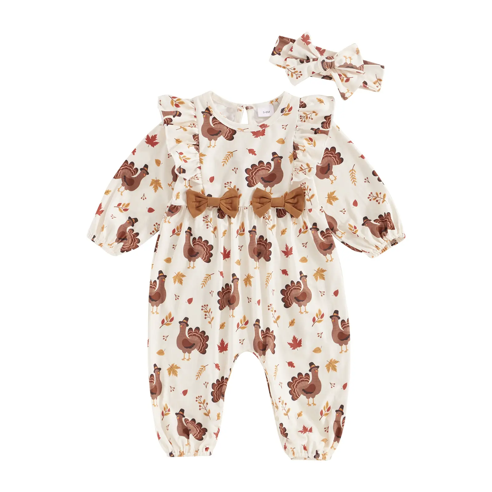 Baby Girls Thanksgiving Outfits Linen Turkey Jumpsuit Flying Sleeve O Neck Turkey Print Romper with Headband