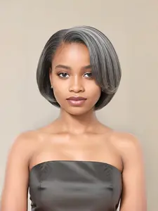 Silvery Wavy Bob Wig, Layered Synthetic Ombre Short Straight Hair, High Temperature Fiber, Rose Net Cap for Daily & Party Use, Straight Bob Wigs