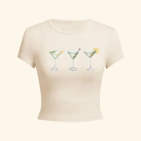 Women's Beverage Print Round Neck Cropped Tee, Casual Short Sleeve Crew Neck T-shirt for Daily Wear, Summer Ladies Clothes for All Seasons