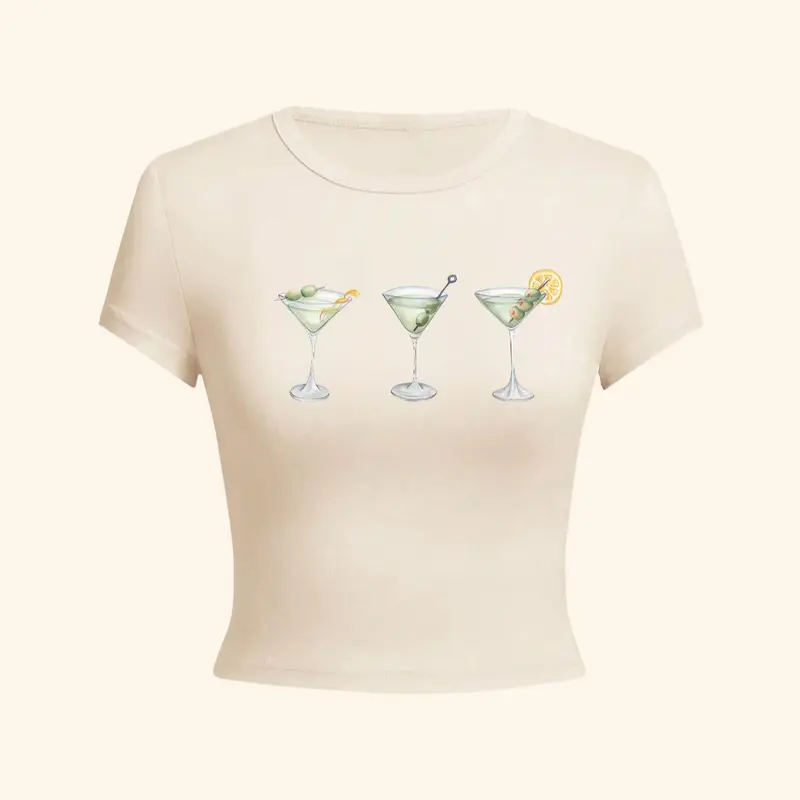 Women's Beverage Print Round Neck Cropped Tee, Casual Short Sleeve Crew Neck T-shirt for Daily Wear, Summer Ladies Clothes for All Seasons