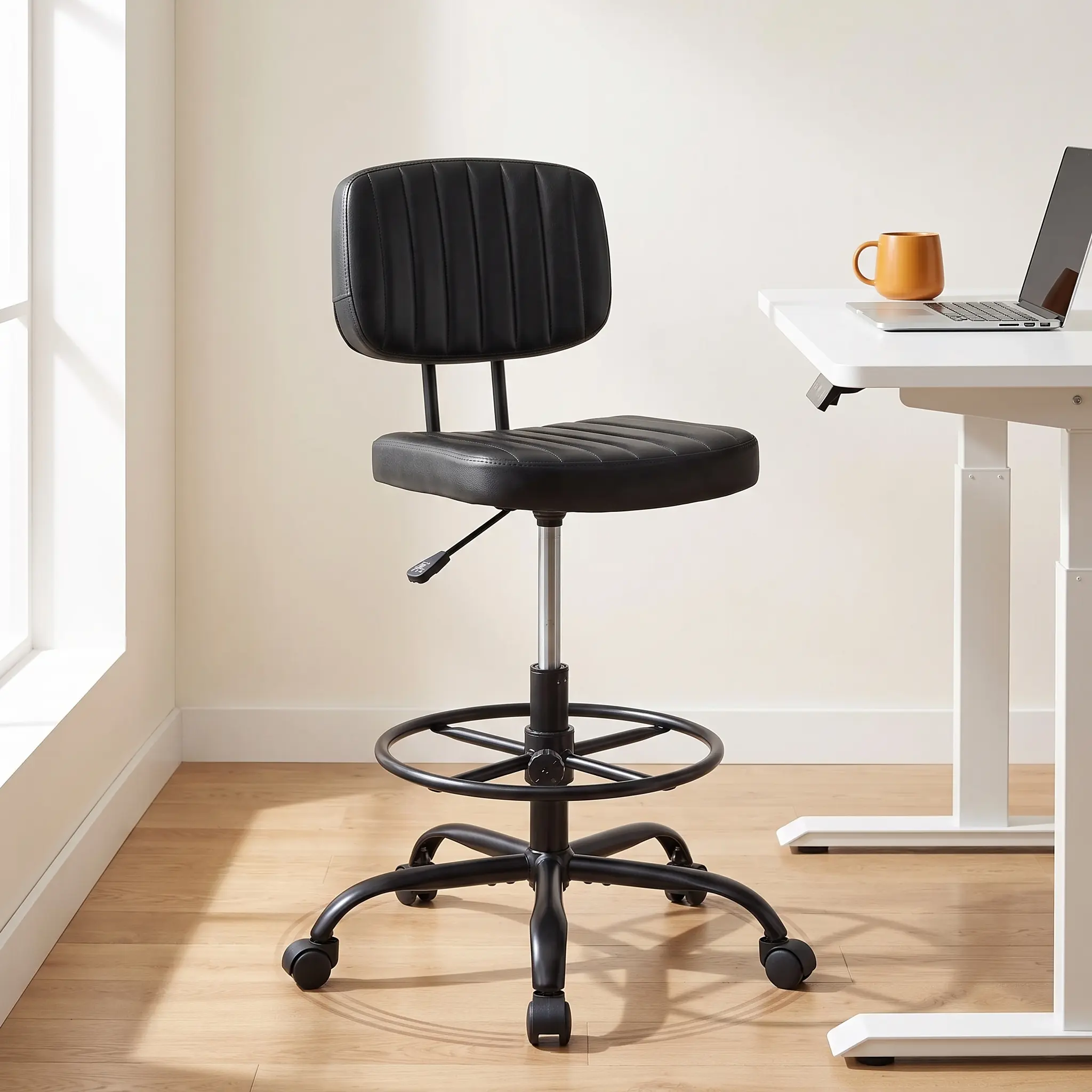 Low Back Small Office Chair with height adjustable seat and smooth 360° rolling casters, practical compact desk seating for daily work at household bedroom workstation.
