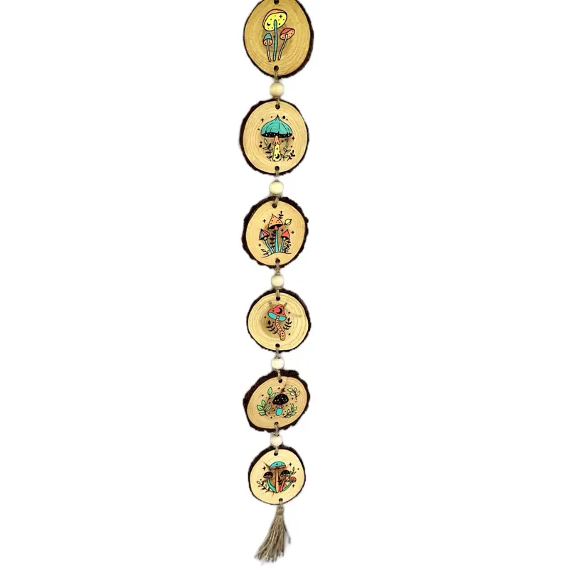 Vertical Mushroom Wood Slice Garland Cottagecore Wall Hanging with Jute Twine & Tassel Boho Nature Inspired Decor