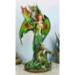 Ebros Gift Emerald Elf Fairy With 2 Green Guardian Dragons Figurine 9"H