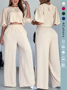 Women's 2PCS Set: Loose Round Neck Mid-Sleeve Top & Straight Pants | Lantern Sleeves, Elastic Waist with Side Pockets | Comfy Casual Chic for Spring-Summer-Autumn | OOTD, Loungewear, Street Style | Lightweight Stretchy Fabric for Daily Commuting