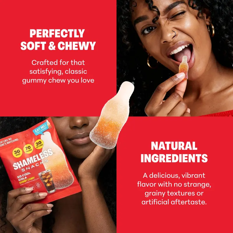 Shameless Snacks So Cool Cola Chewy Gummy Candy - Keto, Low Sugar, Gluten-Free, Glycerin-Infused Vegan Sweet Crave-Satisfy Low Calorie Candy, Erythritol & Sucralose-Sweetened High Fiber Boxed Set Office Snacks for Adults