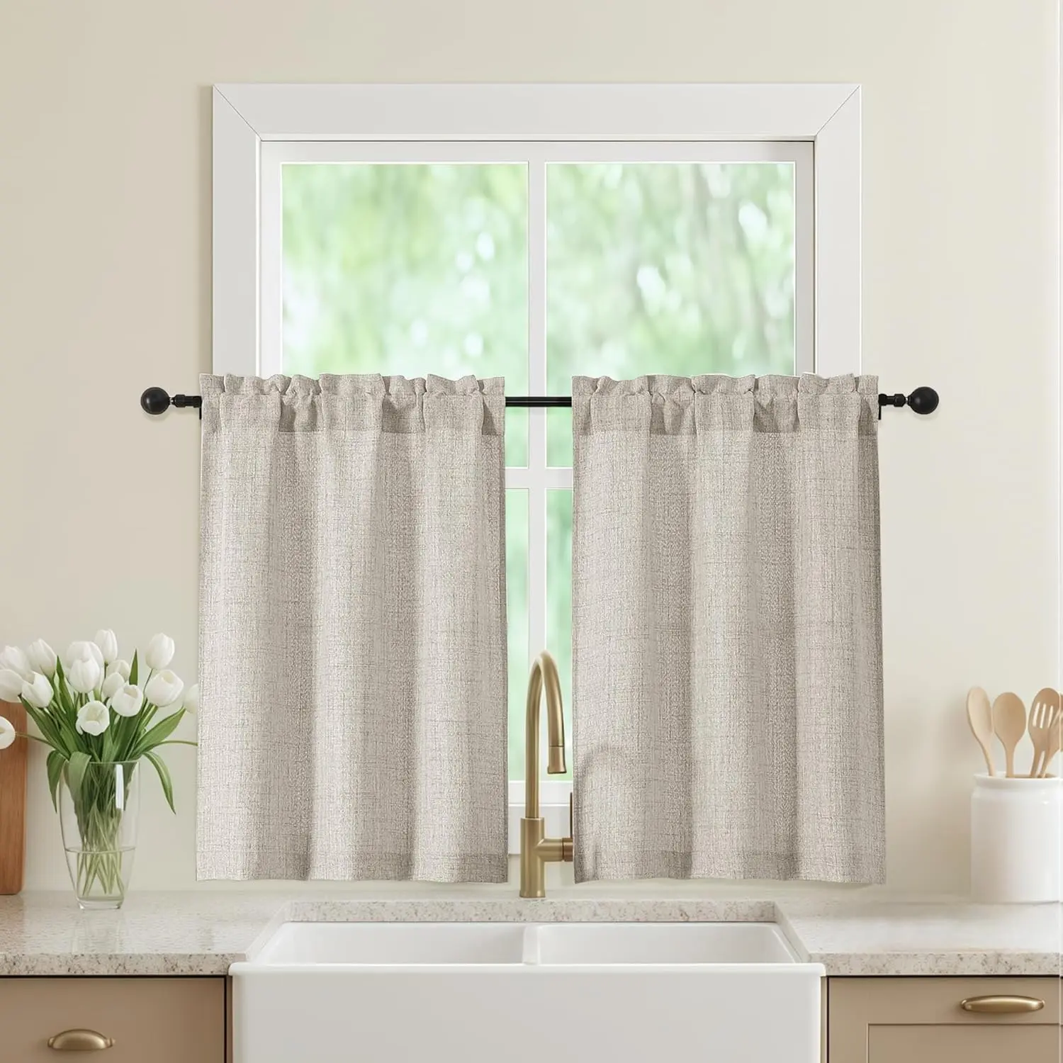 Linen Kitchen Curtains 36 Inch Length 2 Panels, Light Filtering Farmhouse Faux Linen Textured Short Curtains for Windows, Small Curtain Tier for Cafe Cabinet Bathroom RV Camper, 30Wx36L Inch