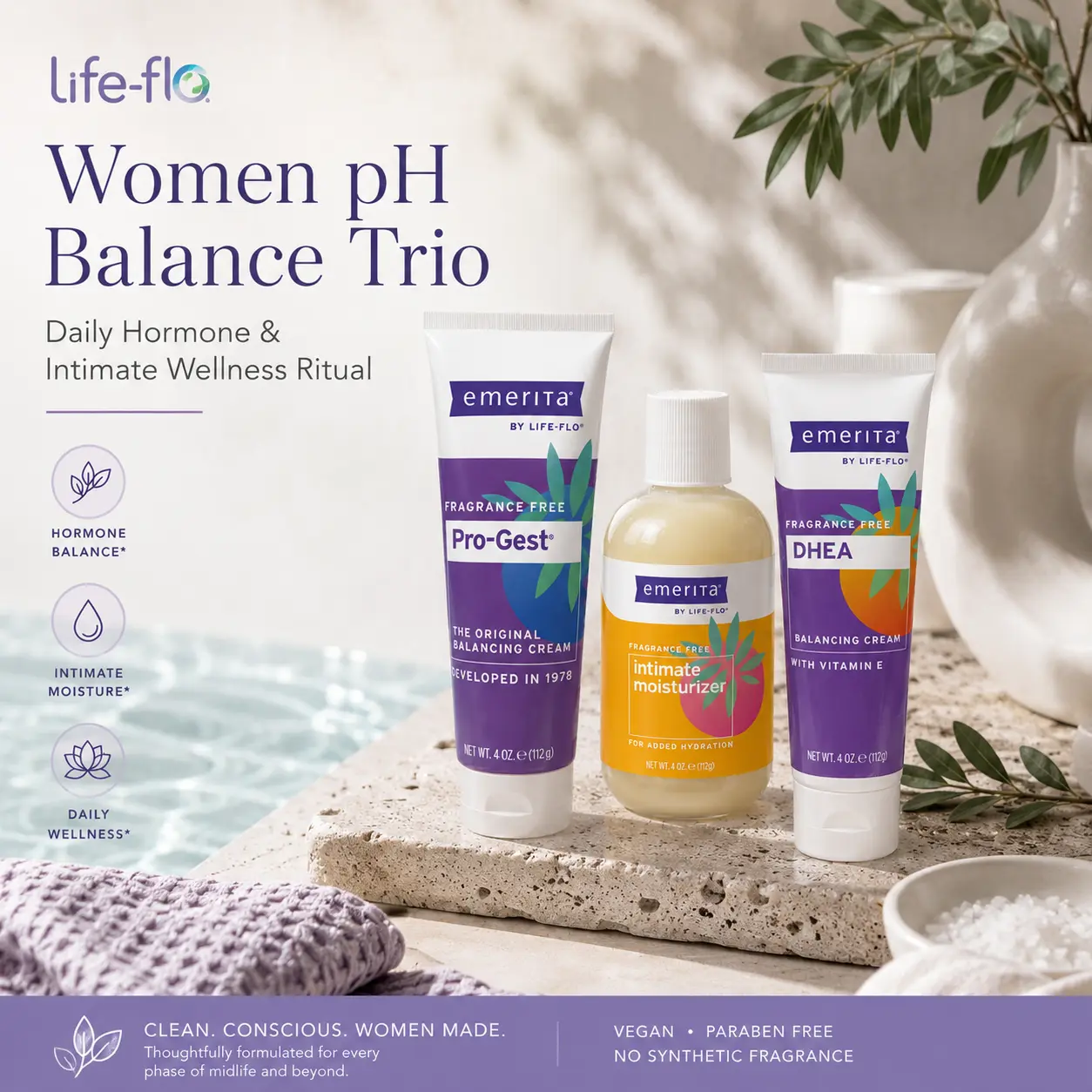 Life-flo Women's pH Balance Trio — Pro-Gest Balancing Cream + DHEA Balancing Cream + Intimate Moisturizer — Daily pH-Balance Routine