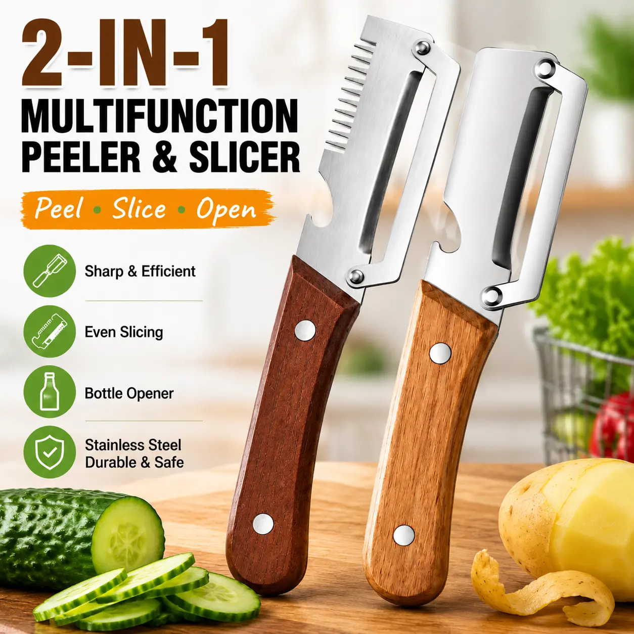 (Upgraded Thickened Version) Wood Handle Multifunction Kitchen Peeler – Peel, Slice, Scrape & Bottle Opener Tool