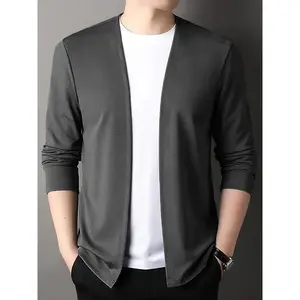 Men's Solid Color Knitted Cardigan, Casual Breathable Long Sleeve Slim Fit Open Sweater, Suitable for Outdoor Activities Tops Black Beige Menswear Asian Denim