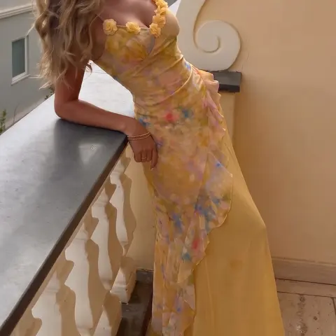 Women's Floral Gradient Print Halter Long Dress, Chic Ruffle Slim Fit Evening Gown, Beach Party Wedding Guest Formal Wear, Elegant Feminine Formal Night Dress, Glam Gown