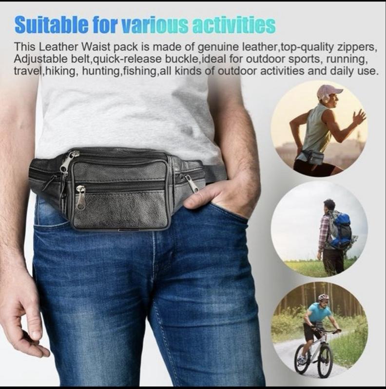 Black Genuine Leather Fanny Pack - Stylish Waist Bag with 3 Compartments & 5 Front Pockets - Ideal for Travelers & Daily Use - Hands-Free Crossbody Purse