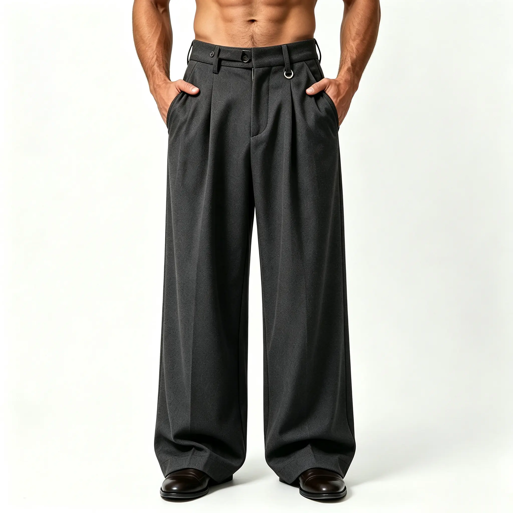 Men's Thick Polyester Autumn-Winter Wide-Leg Pants, High Waist with Adjustable Belt, Drapey Plain Multi-Size Loose Floor-Length Clothes for Commuting, Casual Wear