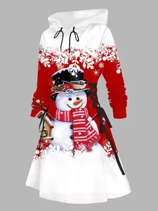 DRESSLILY 2025 Women's Christmas Hoodie Dress Snowflake Snowman Print Colorblock Lace Up Dress Red Hooded Dresses