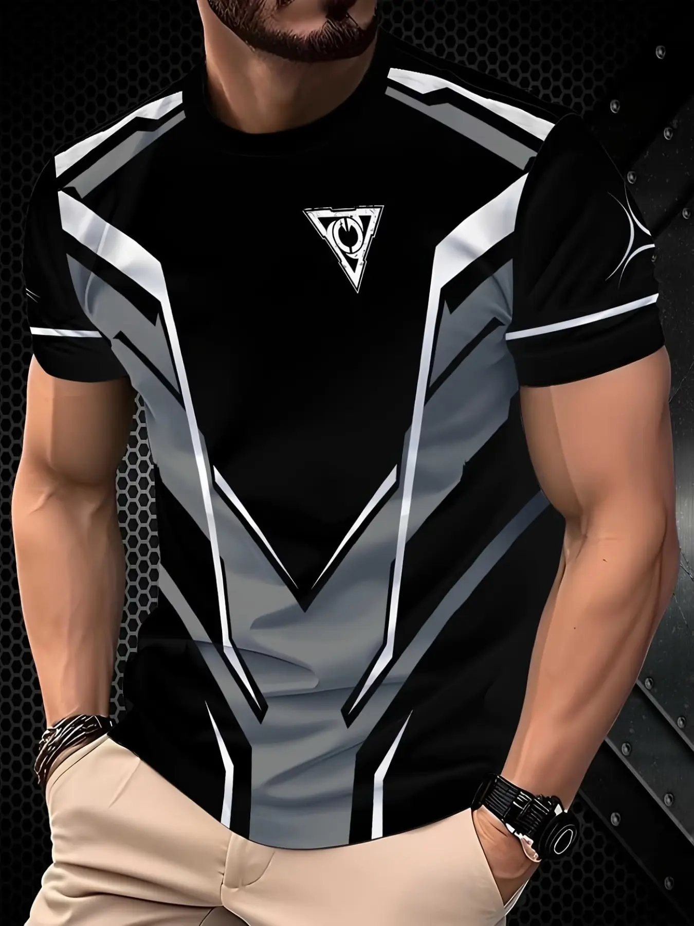 Men's Future Fashion 3D Printed Geometric Full Coverage T-Shirt, Casual Sporty Design Short Sleeve, Summer Breathable Fabric, Bodybuilding Fitness Tee, Fitness Shirts, Gym Workout Tee, Gym Tees, Perfect Gift