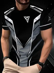 Men's Future Fashion 3D Printed Geometric Full Coverage T-Shirt, Casual Sporty Design Short Sleeve, Summer Breathable Fabric, Bodybuilding Fitness Tee, Fitness Shirts, Gym Workout Tee, Gym Tees, Perfect Gift