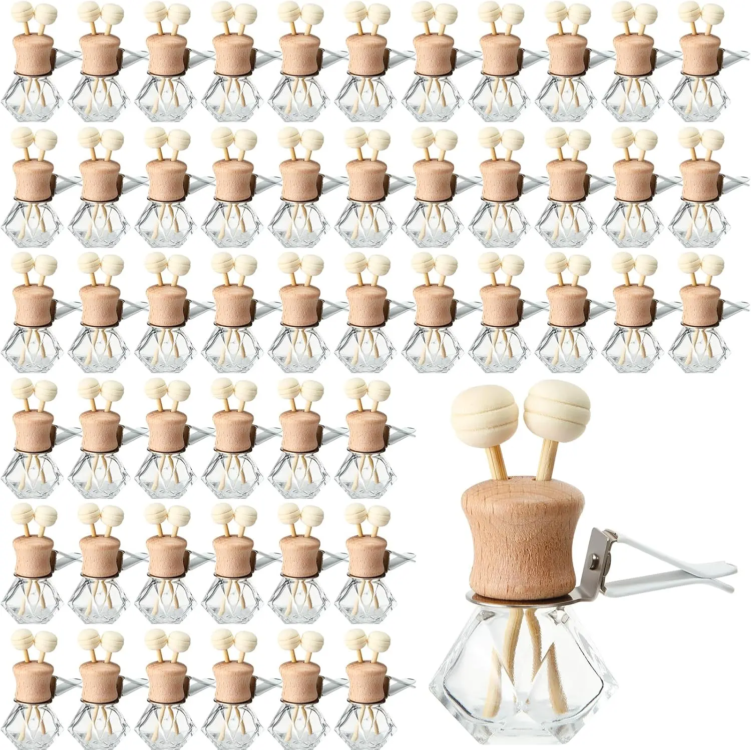 90 Pack Car Vent Air Freshener Diffuser, 8 Ml Glass Bottle Bulk| Wooden Caps with Sticks, Diamond Shape Design, Clips to Auto Vent for Aromatherapy, Ideal for Essential Oils and Fragrance