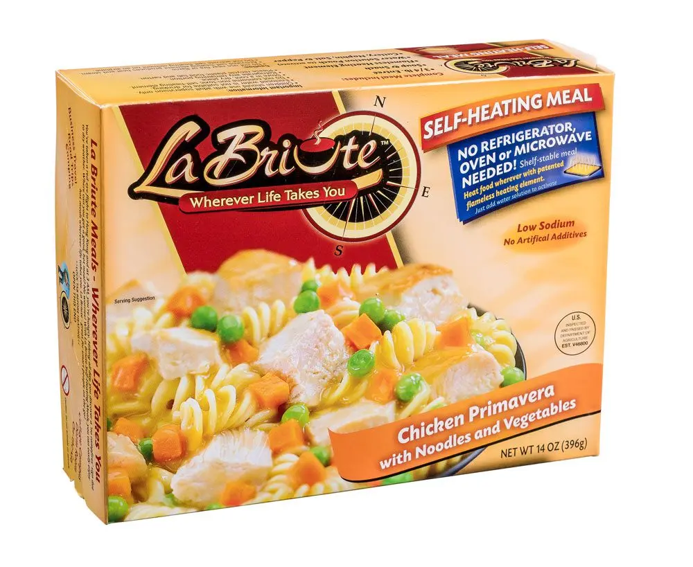 LaBriute Meals Chicken Primavera with Noodles – Self Heating Ready to Eat Entrée w/Snack |19g Protein, Low-Calorie Pre-Packaged Lunch or Dinner | Shelf Stable, Fully Cooked, No Refrigeration Needed|Glatt Kosher | 12 oz Serving
