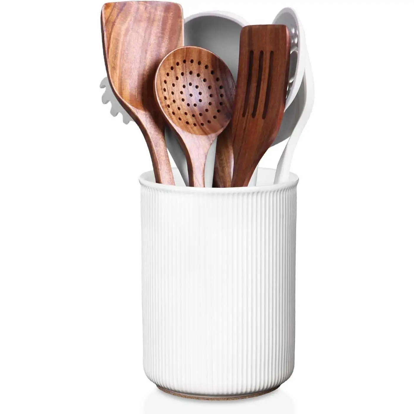 6.7" Utensil Holder, Ceramic Kitchen Utensil Holder with Cork Bottom, Large Utensil Crock for Countertop, Vintage Cooking Tool Organizer Set for Kitchen Counter Decor(White)