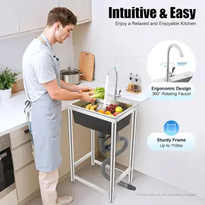 Valentine's Day Silver Black Freestanding Kitchen Sink,Stainless Steel 17.7x15.75x8.66In,360° Rotatable Faucet 110Lbs Load,Quick Drainage Low Noise,For Home, Restaurant, Coffee Shop