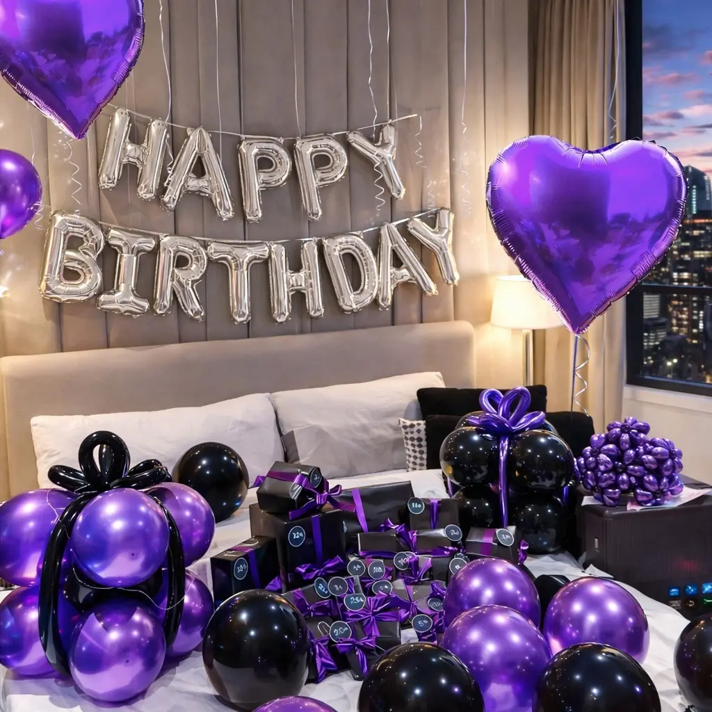 61PCS Purple Birthday Balloon Decoration Set, 16 Inch Happy Birthday Foil Letter Balloons, Heart Love Balloon and Purple Black Latex Balloons for Bedroom Party Decor, Photo Backdrop and Birthday Surprise