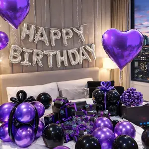 61PCS Purple Birthday Balloon Decoration Set, 16 Inch Happy Birthday Foil Letter Balloons, Heart Love Balloon and Purple Black Latex Balloons for Bedroom Party Decor, Photo Backdrop and Birthday Surprise