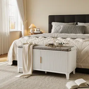 39.4" Fluted Shoe Cabinet Storage with Bench, 2-Tier Entryway Bench with Adjustable Shelves and Detachable Cushioned Seat, Shoe Organizer Bench Cabinet for Entryway, Living Room, Hallway - Natural