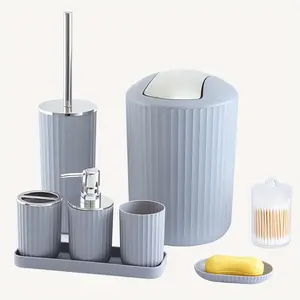 New 8pcs Simple Bathroom Accessory Set With Trash Can Toilet Brush Holder Vanity Tray Cotton Swab Holder Lotion Dispenser Soap Dish Mouthwash Cup And Toothbrush Holder Suitable For Bathroom Decoration Bathroom Storage And Organization Plastic