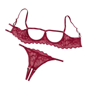Elegant Floral Lace Push Up Bra & Hollow Strappy Thong Set for Women Soft Spandex Nightwear Sleepwear in Black & Burgundy Hand Washable Casual Lingerie