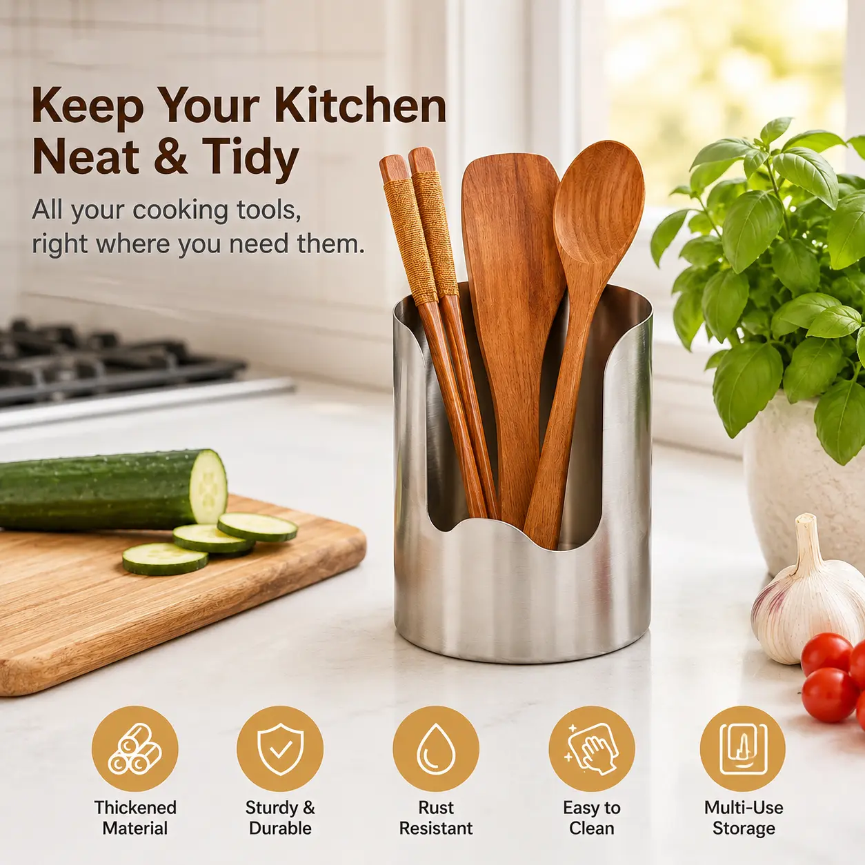 1 Count, Thickened Stainless Steel Utensil Organizer, Rust Resistant Easy to Clean Multi-purpose Storage Holder for Kitchen Countertop